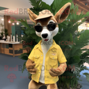 Gold Kangaroo mascot costume character dressed with a Chinos and Eyeglasses