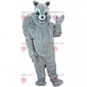 Gray squirrel mascot with blue eyes, forest costume -