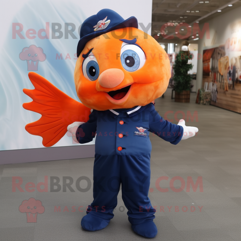 Navy Goldfish mascot costume character dressed with a Trousers and Hair clips