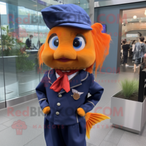 Navy Goldfish mascot costume character dressed with a Trousers and Hair clips