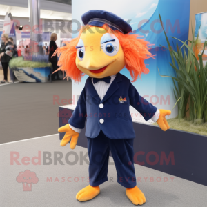 Navy Goldfish mascot costume character dressed with a Trousers and Hair clips