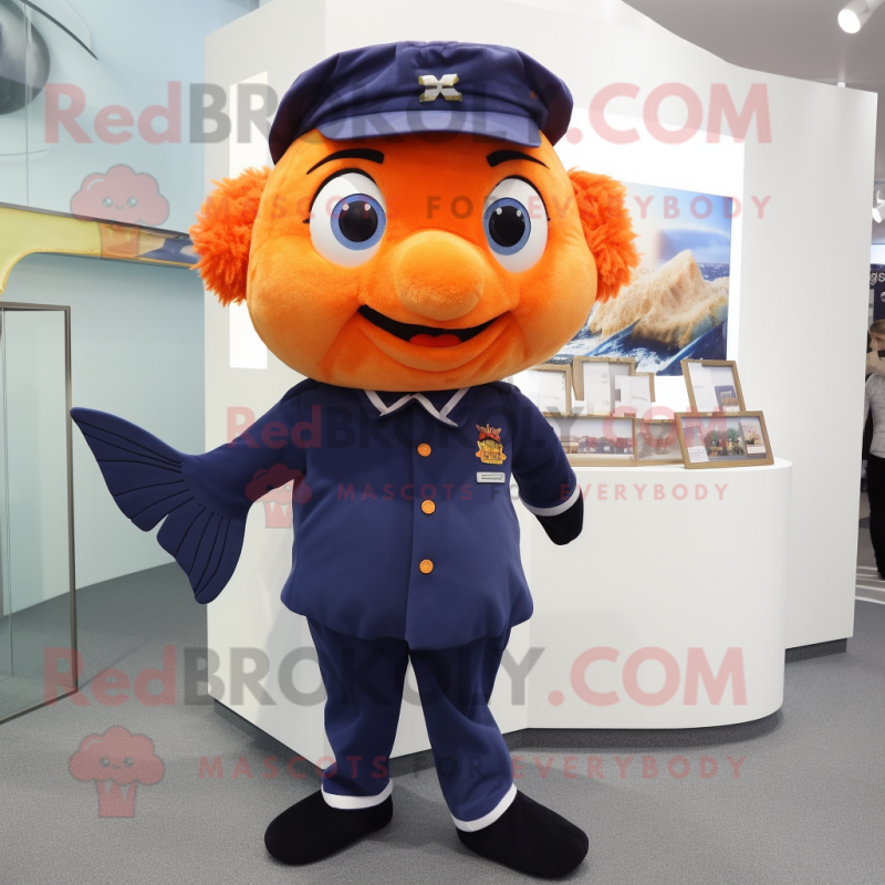 Navy Goldfish mascot costume character dressed with a Trousers and Hair clips