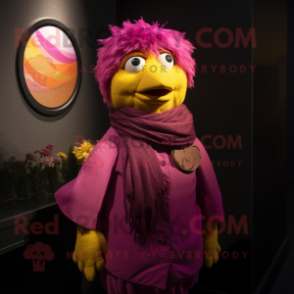 Magenta Canary mascot costume character dressed with a Blouse and Scarves