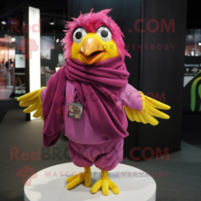 Magenta Canary mascot costume character dressed with a Blouse and Scarves