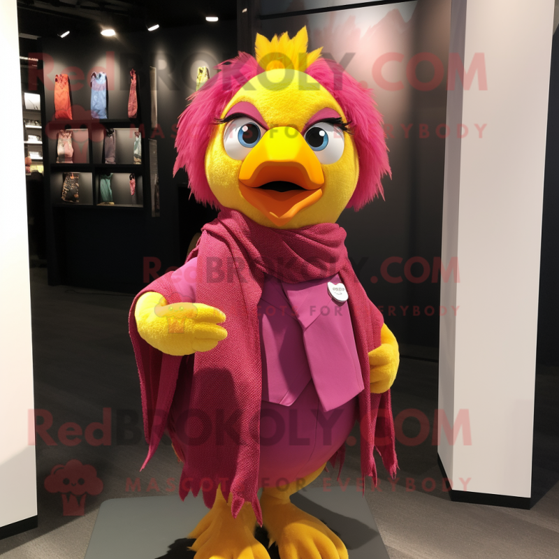 Magenta Canary mascot costume character dressed with a Blouse and Scarves