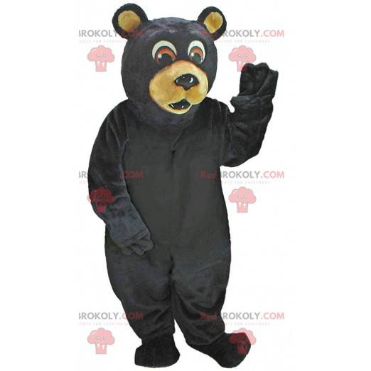 Zwarte beer mascotte kijkt verrast, teddybeer kostuum -