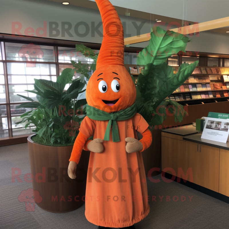 Rust Carrot mascot costume character dressed with a Skirt and Cummerbunds