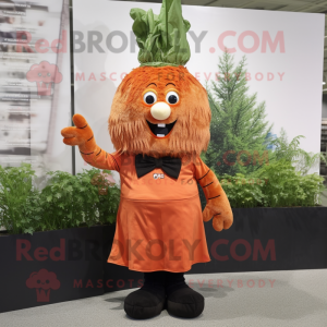 Rust Carrot mascot costume character dressed with a Skirt and Cummerbunds