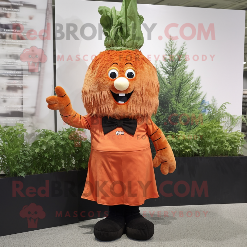 Rust Carrot mascot costume character dressed with a Skirt and Cummerbunds Rust Carrot mascot costume character dressed with a Skirt and Cummerbunds