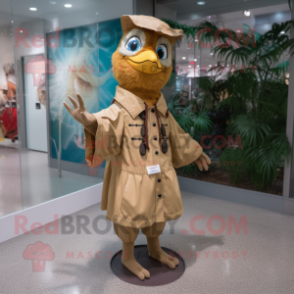 Tan Woodpecker mascot costume character dressed with a Raincoat and Necklaces