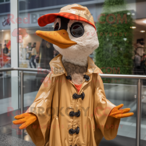 Tan Woodpecker mascot costume character dressed with a Raincoat and Necklaces