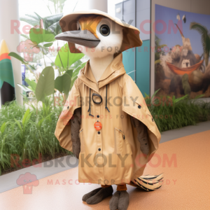 Tan Woodpecker mascot costume character dressed with a Raincoat and Necklaces