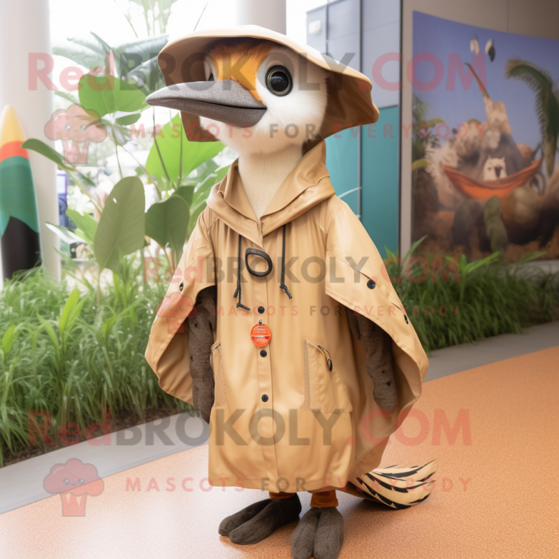Tan Woodpecker mascot costume character dressed with a Raincoat and Necklaces Tan Woodpecker mascot costume character dressed with a Raincoat and Necklaces