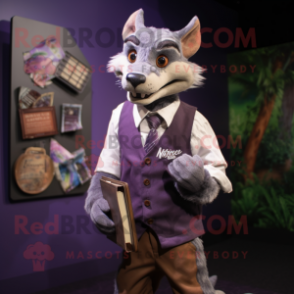 Purple Thylacosmilus mascot costume character dressed with a Oxford Shirt and Wallets