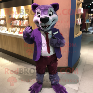 Purple Thylacosmilus mascot costume character dressed with a Oxford Shirt and Wallets