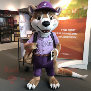 Purple Thylacosmilus mascot costume character dressed with a Oxford Shirt and Wallets