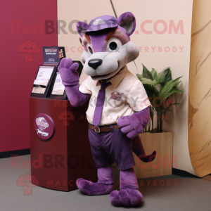 Purple Thylacosmilus mascot costume character dressed with a Oxford Shirt and Wallets