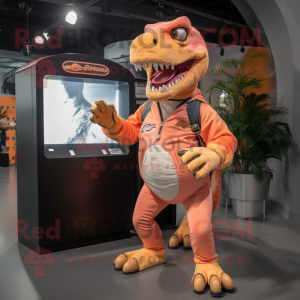Peach Tyrannosaurus mascot costume character dressed with a Jeans and Gloves