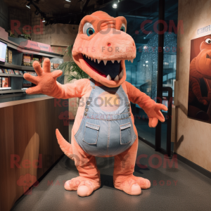 Peach Tyrannosaurus mascot costume character dressed with a Jeans and Gloves