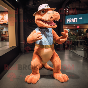 Peach Tyrannosaurus mascot costume character dressed with a Jeans and Gloves