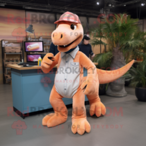 Peach Tyrannosaurus mascot costume character dressed with a Jeans and Gloves