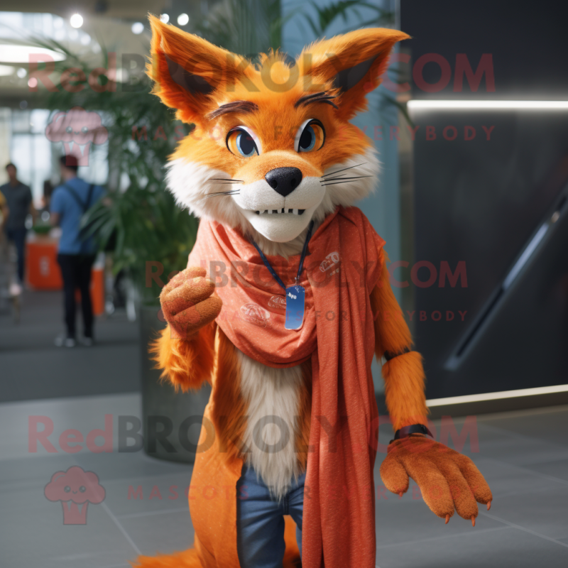 Orange Lynx mascot costume character dressed with a Boyfriend Jeans and Shawl pins