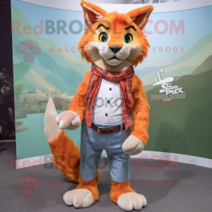 Orange Lynx mascot costume character dressed with a Boyfriend Jeans and Shawl pins