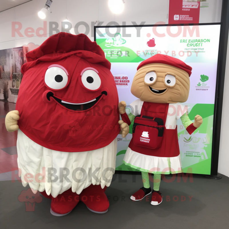 Red Corned Beef And Cabbage mascot costume character dressed with a Pleated Skirt and Messenger bags Red Corned Beef And Cabbage mascot costume character dressed with a Pleated Skirt and Messenger bags