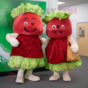 Red Corned Beef And Cabbage mascot costume character dressed with a Pleated Skirt and Messenger bags