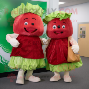 Red Corned Beef And Cabbage mascot costume character dressed with a Pleated Skirt and Messenger bags