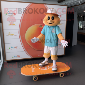 Peach Skateboard mascot costume character dressed with a Polo Shirt and Keychains