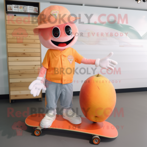 Peach Skateboard mascot costume character dressed with a Polo Shirt and Keychains
