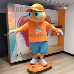 Peach Skateboard mascot costume character dressed with a Polo Shirt and Keychains