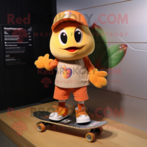 Peach Skateboard mascot costume character dressed with a Polo Shirt and Keychains