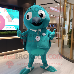 Teal Ray mascot costume character dressed with a Cardigan and Smartwatches