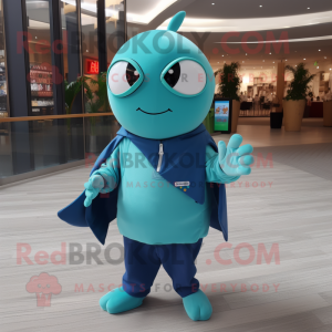 Teal Ray mascot costume character dressed with a Cardigan and Smartwatches