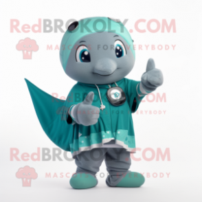 Teal Ray mascot costume character dressed with a Cardigan and Smartwatches