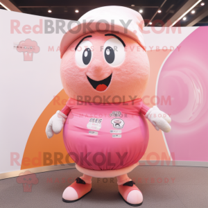 Peach Pink mascot costume character dressed with a Rugby Shirt and Shawls