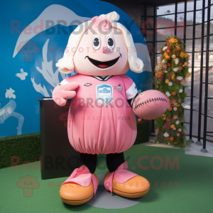 Peach Pink mascot costume character dressed with a Rugby Shirt and Shawls