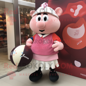 Peach Pink mascot costume character dressed with a Rugby Shirt and Shawls