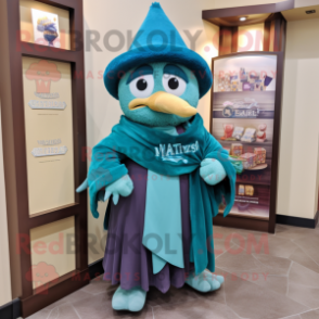 Teal Wizard mascot costume character dressed with a Rugby Shirt and Scarf clips