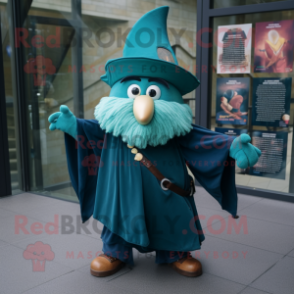 Teal Wizard mascot costume character dressed with a Rugby Shirt and Scarf clips