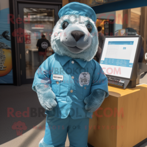 Cyan Navy Seal mascot costume character dressed with a Button-Up Shirt and Mittens