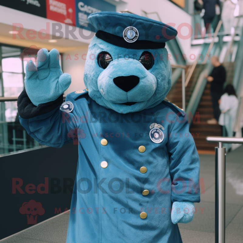 Cyan Navy Seal mascot costume character dressed with a Button-Up Shirt and Mittens