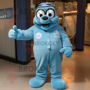 Cyan Navy Seal mascot costume character dressed with a Button-Up Shirt and Mittens