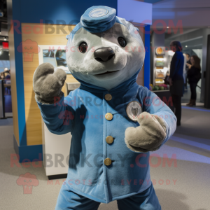 Cyan Navy Seal mascot costume character dressed with a Button-Up Shirt and Mittens