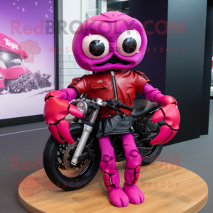 Magenta Crab Cakes mascot costume character dressed with a Biker Jacket and Bow ties