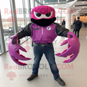 Magenta Crab Cakes mascot costume character dressed with a Biker Jacket and Bow ties