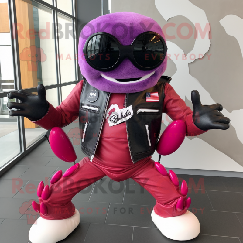 Magenta Crab Cakes mascot costume character dressed with a Biker Jacket and Bow ties