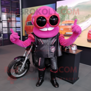 Magenta Crab Cakes mascot costume character dressed with a Biker Jacket and Bow ties